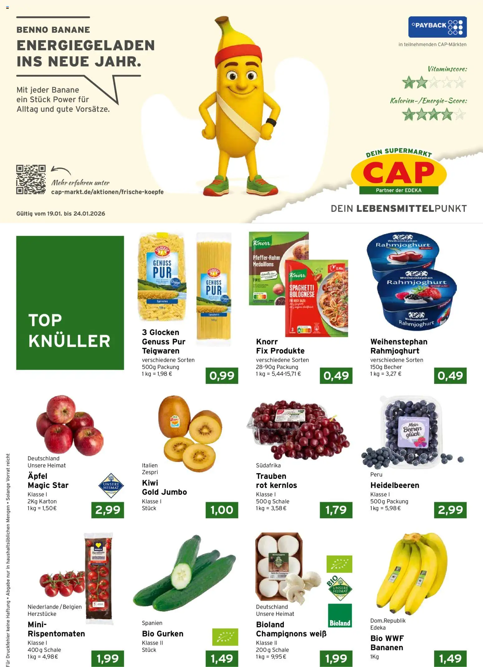 Vorschau von dem Prospekt des Geschäftes CAP Markt, gültig ab dem 19.01.2026 - Äpfel, Kiwi, Bananen, Heidelbeeren, Champignons, Gurken, Trauben, Knorr