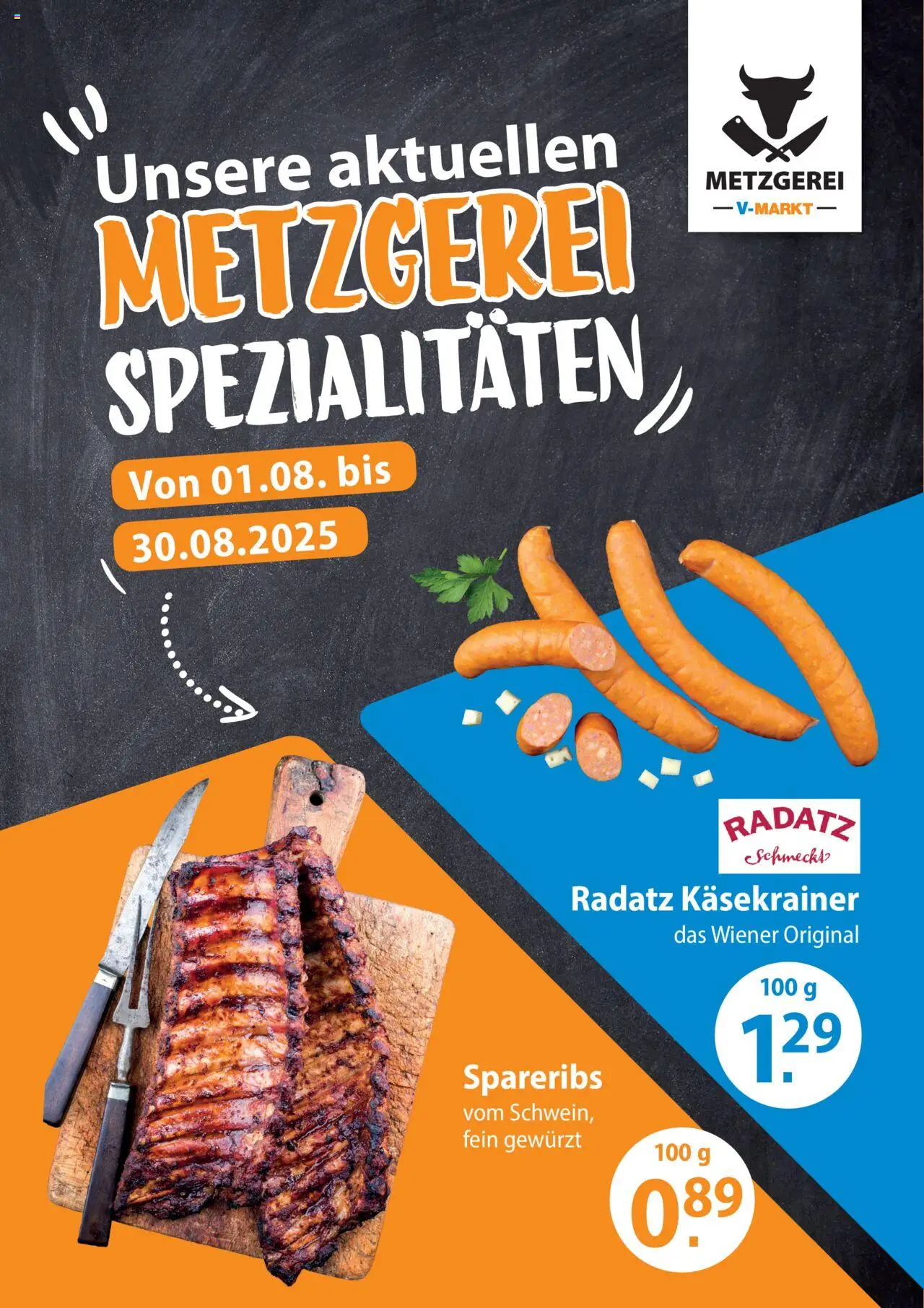 V-Markt Angebote (vom 01.08.2025) - Metzgerei August 2025 - Käsekrainer, Spezialitäten