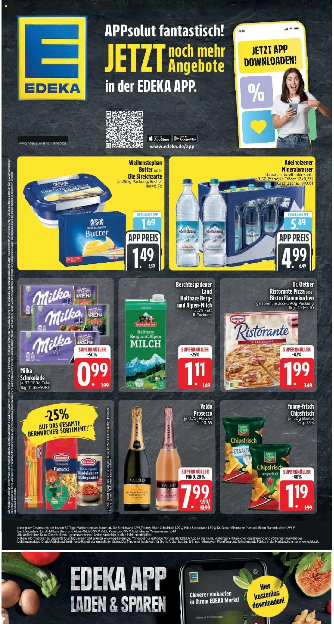 Vorschau von dem Prospekt des Geschäftes Edeka, gültig ab dem 13.10.2025 - Pizza, Chips, Schokolade, Milch, Milka schokolade, Prosecco, Ristorante, Adelholzener