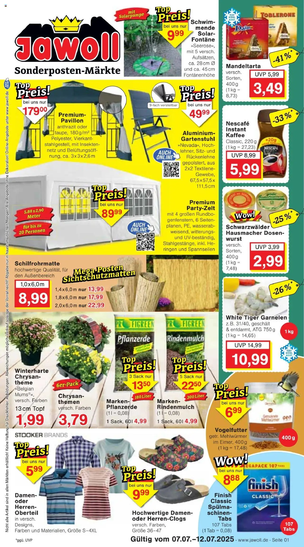 Jawoll Prospekt (vom 07.07.2025 - 12.07.2025) - Kaffee, Wurst, Garnelen, Rindenmulch, Nescafe, Finish, Pflanzerde, Tiger garnelen