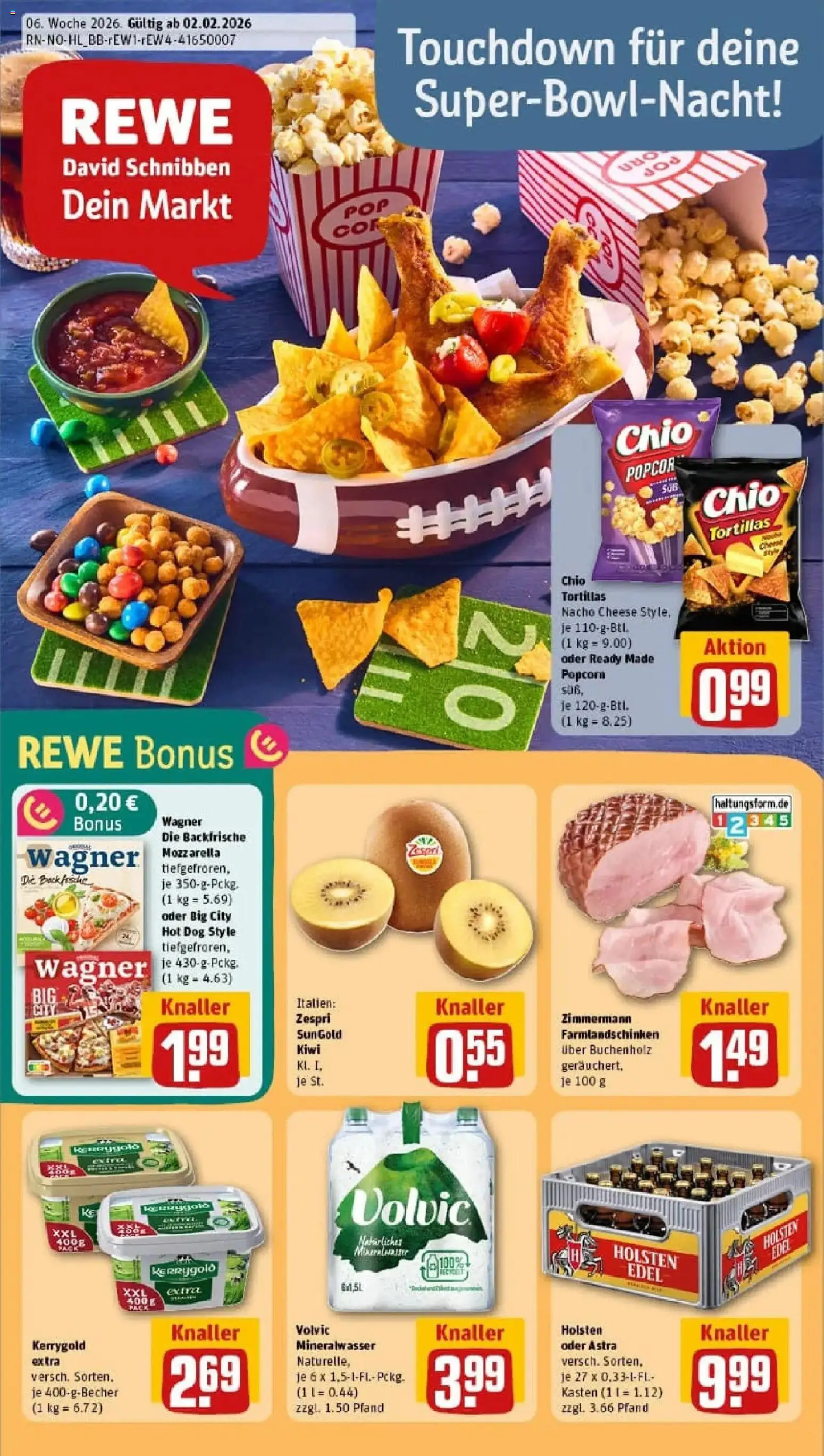 Vorschau von dem Prospekt des Geschäftes Rewe, gültig ab dem 02.02.2026 - Pizza, Kiwi, Tortillas, Mozzarella, Mineralwasser, Astra, Holsten, Chio tortillas