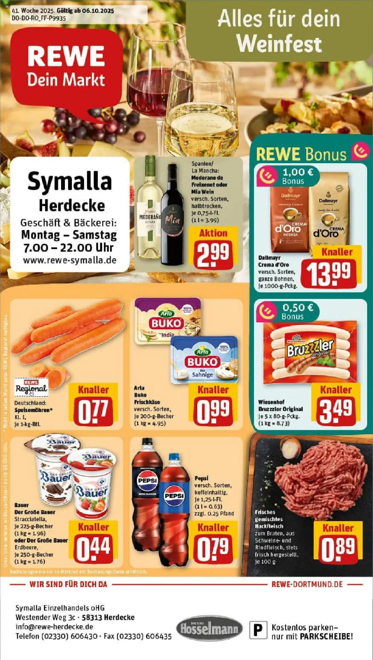 REWE Prospekt ab 06.10.2025 nächste Woche - Prospekt Herdecke - Bäckerei, Wein, Hackfleisch, Dallmayr, Pepsi, Theke, Freixenet, Arla buko