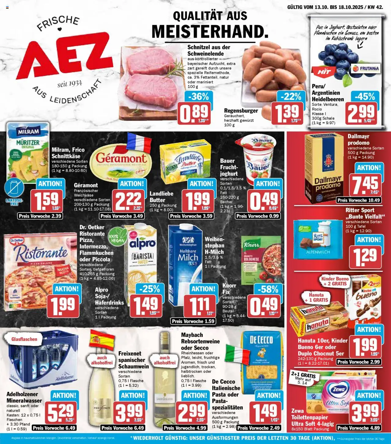 AEZ Prospekt (vom 13.10.2025 - 19.10.2025) - Kühlschrank, Ritter sport, Heidelbeeren, Kinder bueno, Adelholzener, Freixenet, Geramont, Spezialitäten
