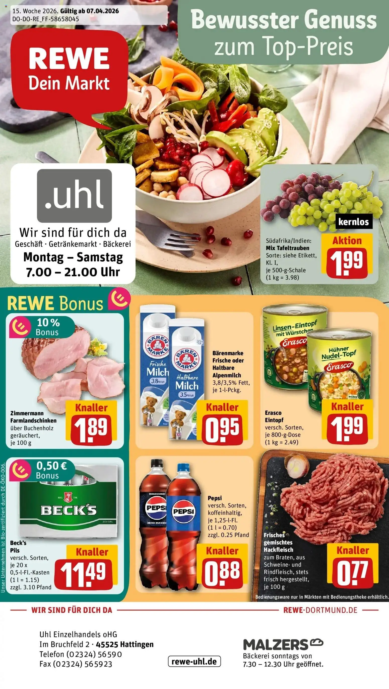 Vorschau von dem Prospekt des Geschäftes Rewe, gültig ab dem 05.04.2026 - Bäckerei, Uhr, Telefon, Milch, Hackfleisch, Pepsi, Pils, Erasco