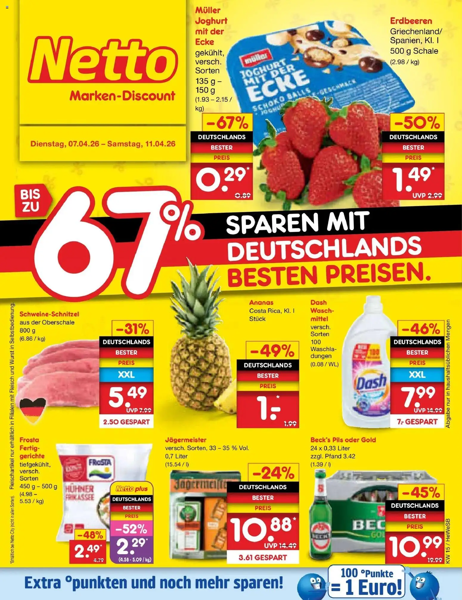 Vorschau von dem Prospekt des Geschäftes Netto Marken-Discount, gültig ab dem 07.04.2026 - Gerichte, Wurst, Erdbeeren, Joghurt, Jägermeister, Ananas, Fleisch, Pils