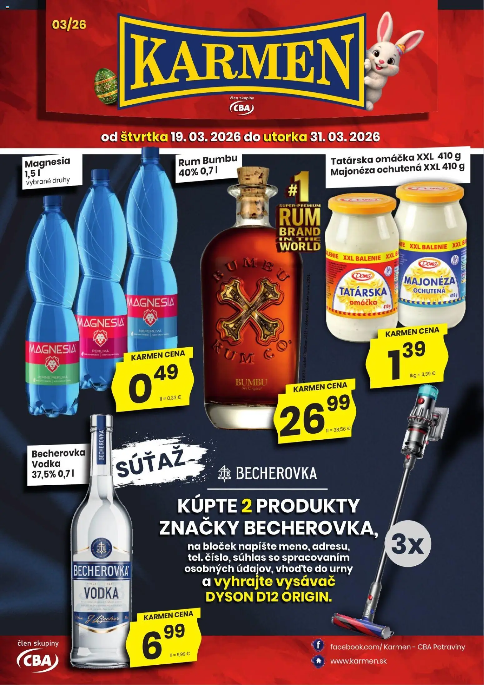 Náhľad KARMEN CBA letáku platného od 19.03.2026 - Vysávač, Rum, Vodka, Becherovka, Tatárska omáčka, Omáčka, Magnesia, Majonéza