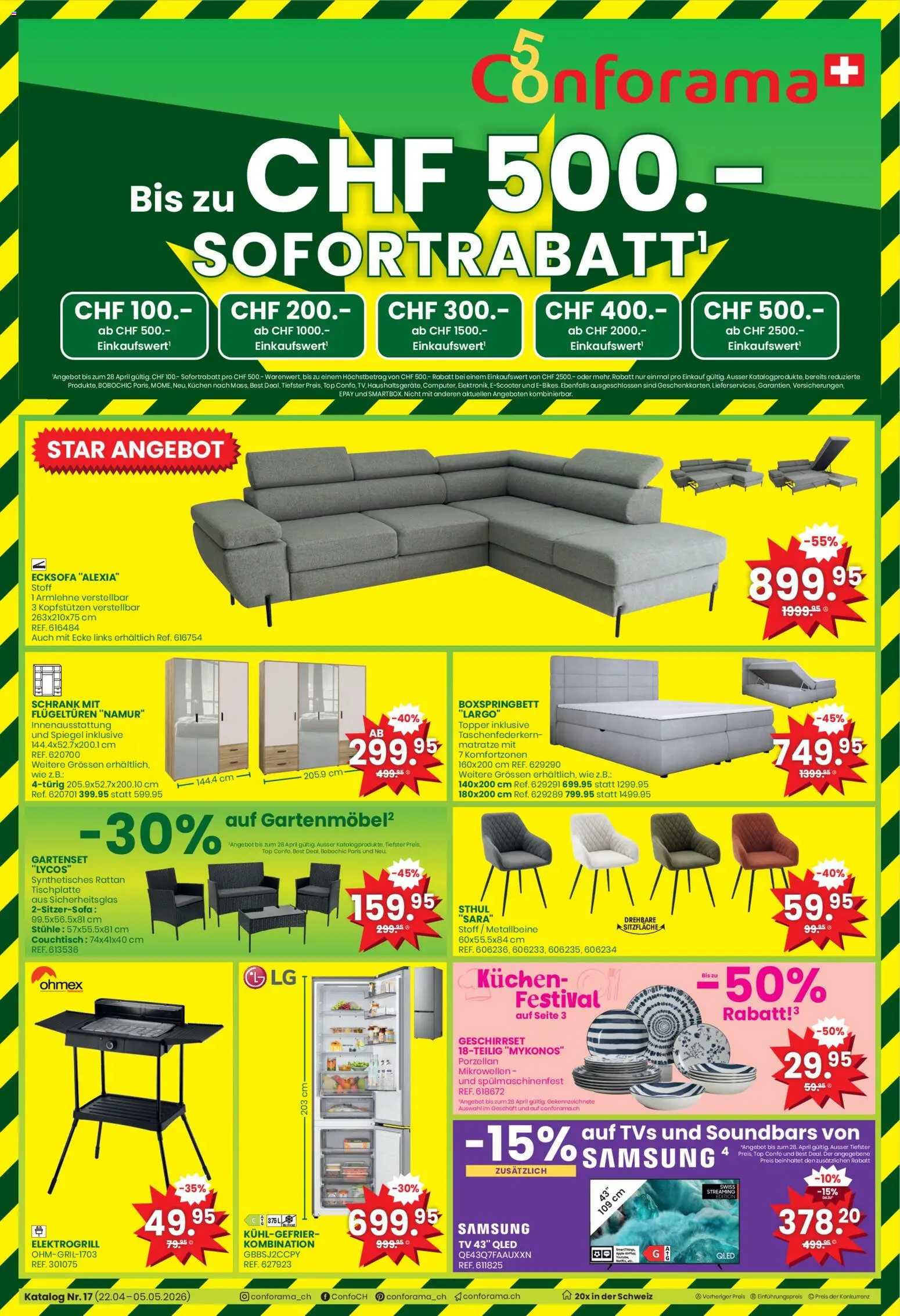 Vorschau des Merkblatts Conforama aktionen vom Shop Conforama gültig von 22.04.2026 bis 05.05.2026 - Spiegel, Samsung, TV, Matratze, Couchtisch, Schrank, Ecksofa, Topper