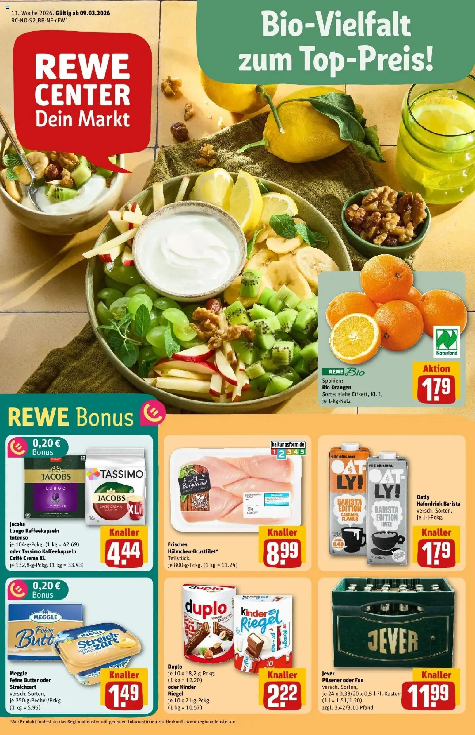 Vorschau von dem Prospekt des Geschäftes Rewe, gültig ab dem 09.03.2026 - Butter, Jever, Tassimo, Oatly, Orangen, Haferdrink, Kinder riegel