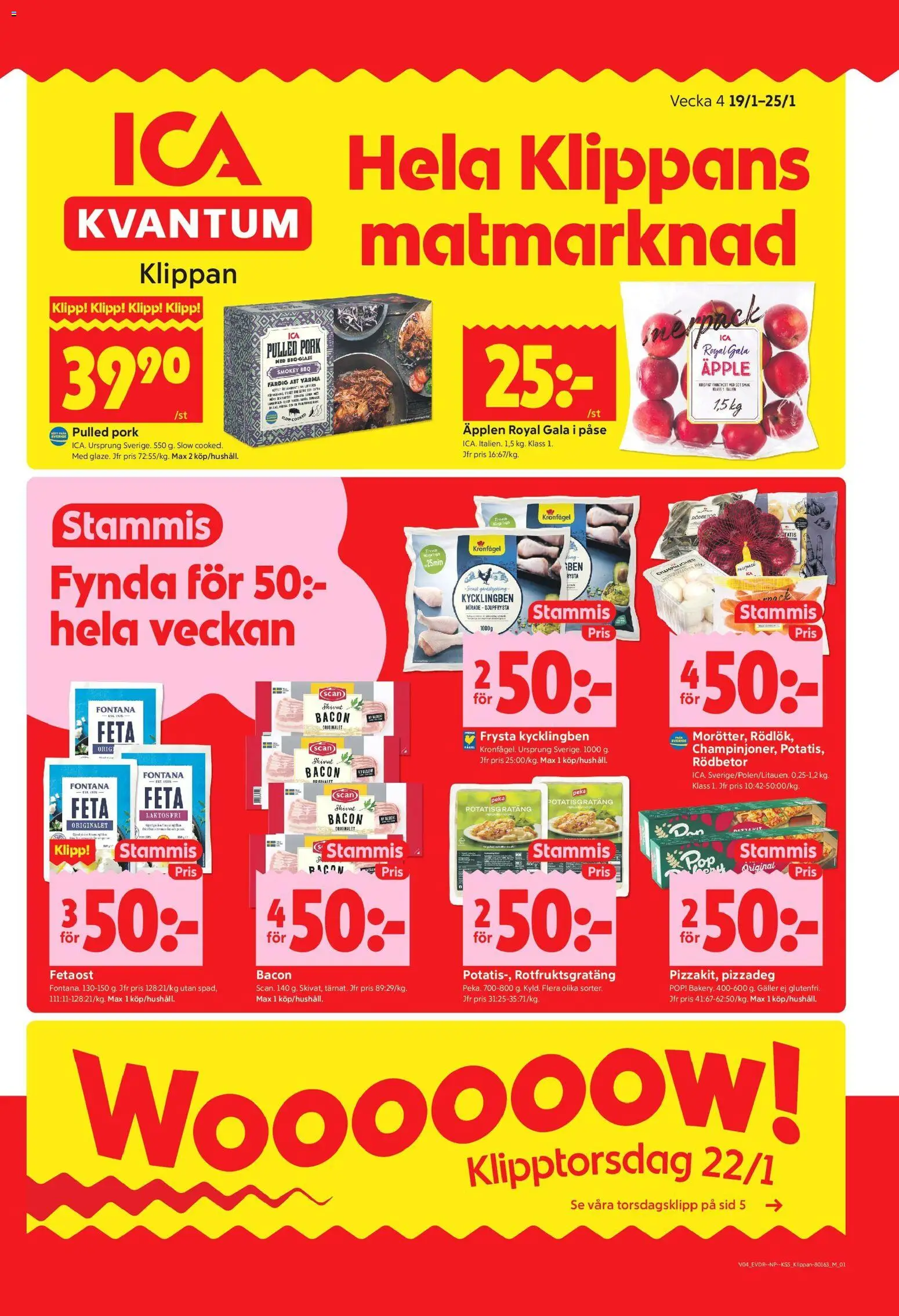 Förhandsgranska reklamblad Klippan från butik ICA Kvantum gäller från 19/01/2026 - Äpplen, Potatisgratäng, Pizzadeg, Pulled pork, Äpple, Bacon, Galler, Fetaost