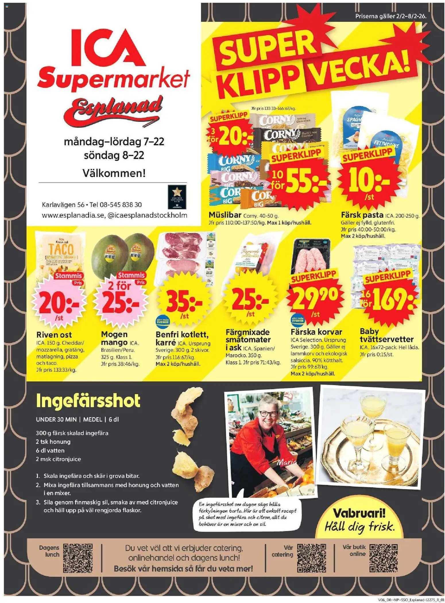 Förhandsgranska reklamblad Stockholm från butik ICA Supermarket gäller från 02/02/2026 - Mango, Pasta, Ost, Mixer, Ingefära, Galler, Riven ost, Müslibar