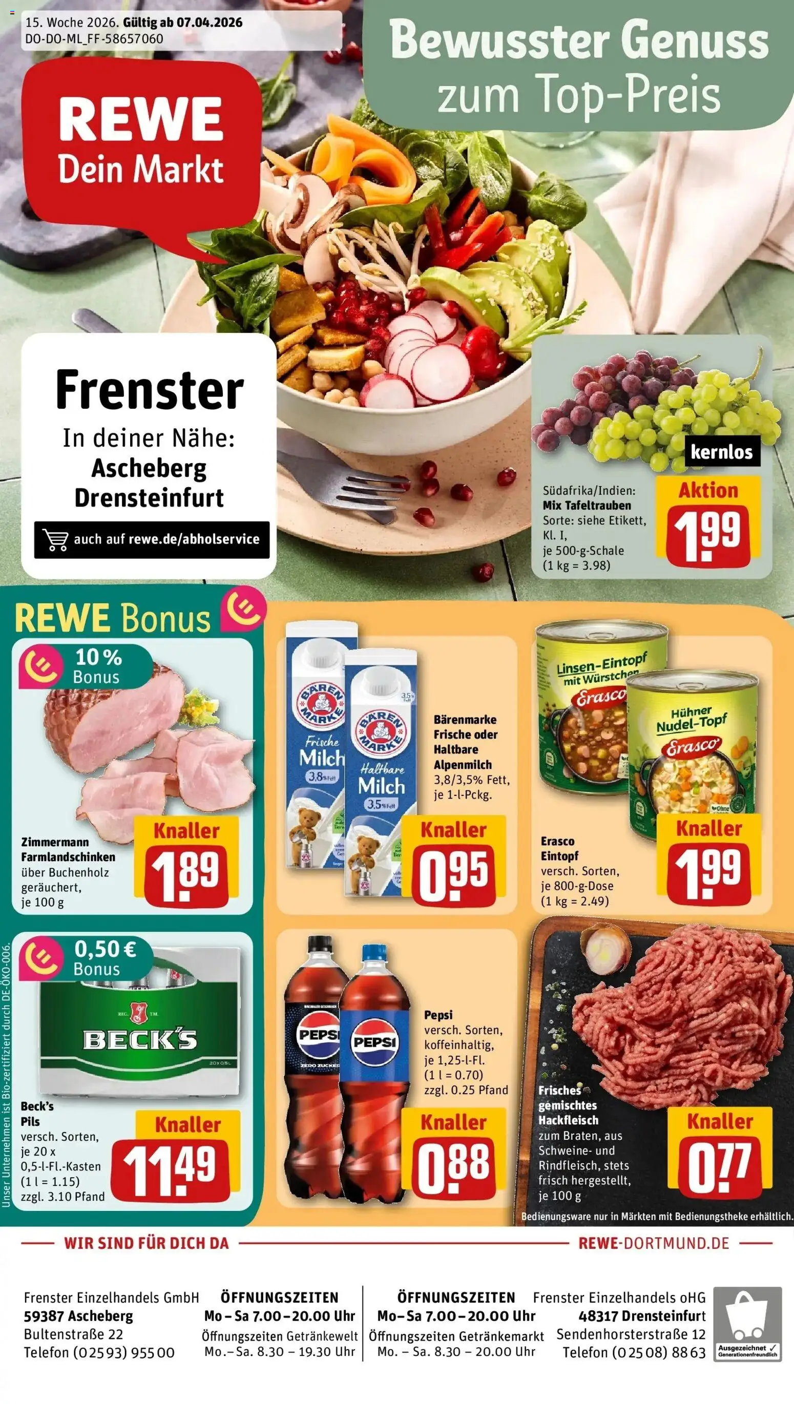 Vorschau von dem Prospekt des Geschäftes Rewe, gültig ab dem 05.04.2026 - Uhr, Telefon, Milch, Hackfleisch, Zucker, Pepsi, Pils, Erasco
