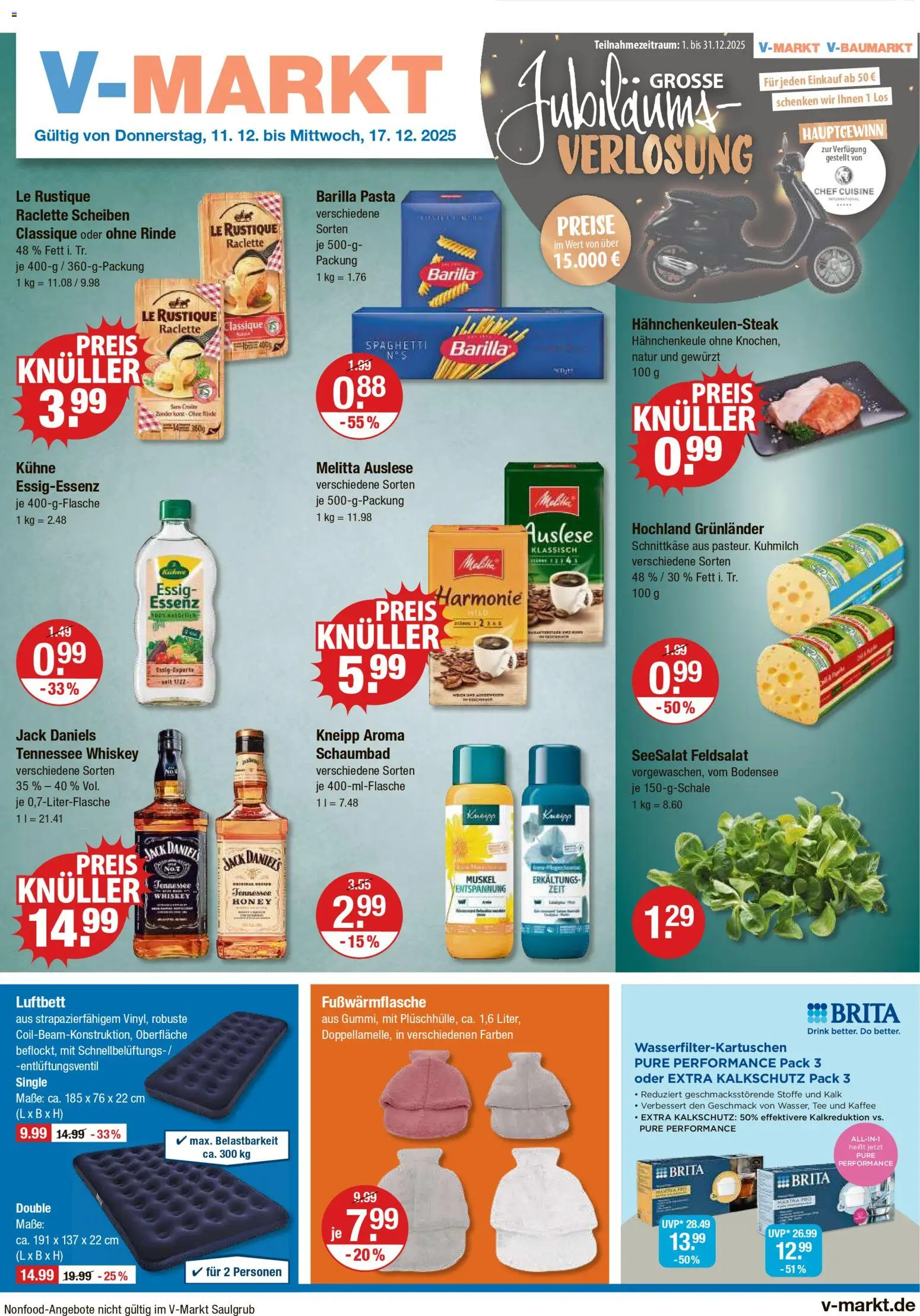 Vorschau von dem Prospekt des Geschäftes V-Markt, gültig ab dem 11.12.2025 - Kaffee, Raclette, Tee, Spaghetti, Whiskey, Melitta, Jack Daniel's, Grunlander