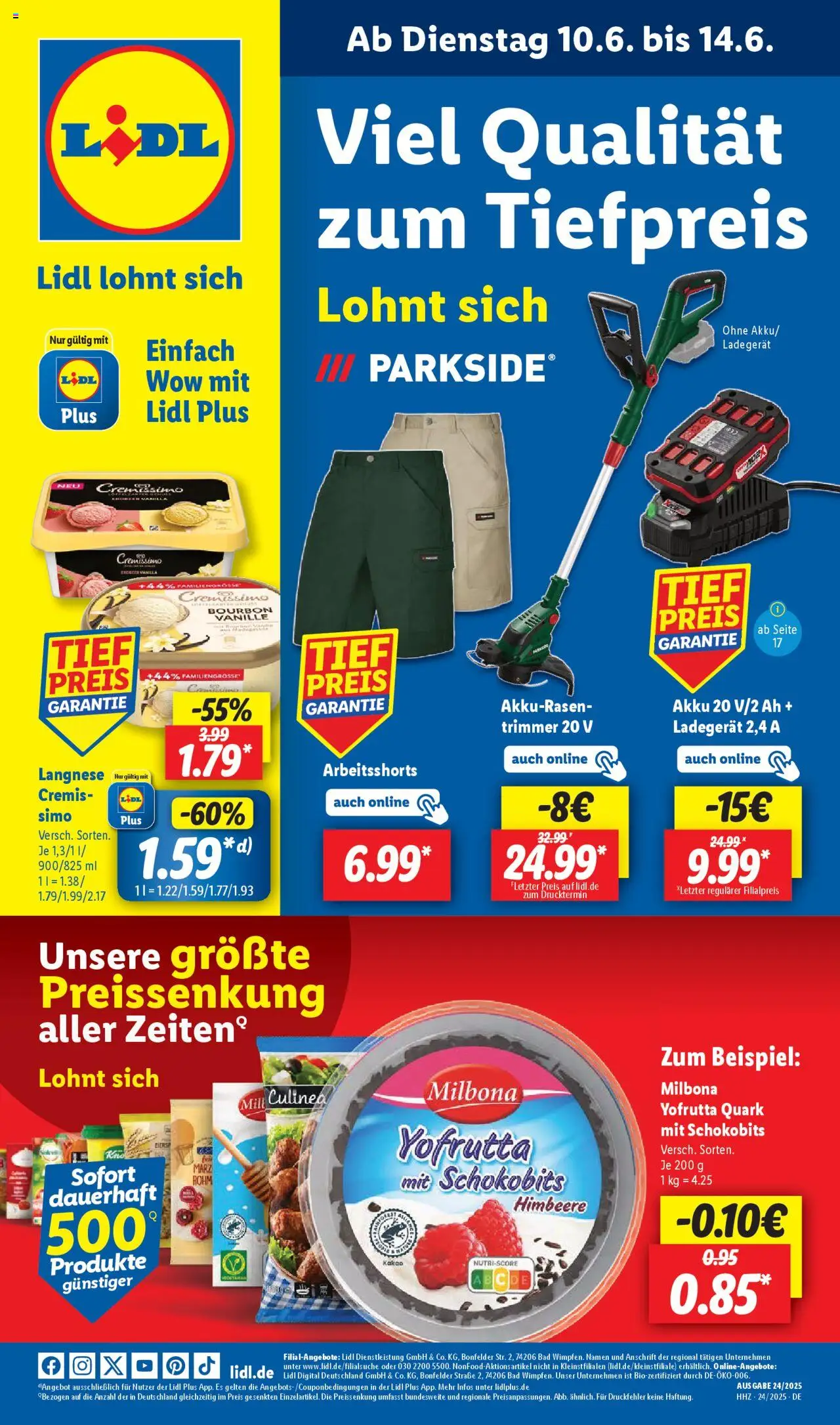 LIDL Prospekt ab Montag 10.06.2025 > Prospekt - Bad, Quark, Himbeere, Ladegerät, Vanille, Bourbon, Langnese, Cremissimo