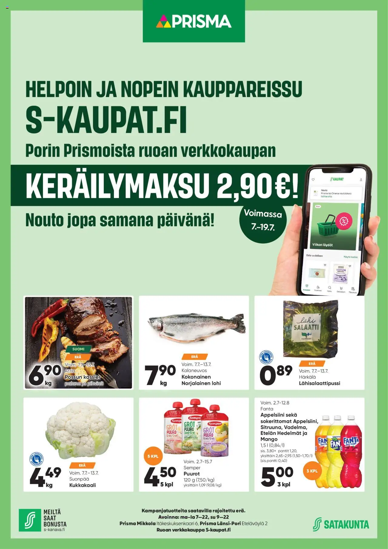Prisma-kaupan S-Kaupat voimassa 07/07/2025 - Sivulla 1 - Mango, Lohi, Salaatti, Fanta, Kukkakaali, Kokonainen