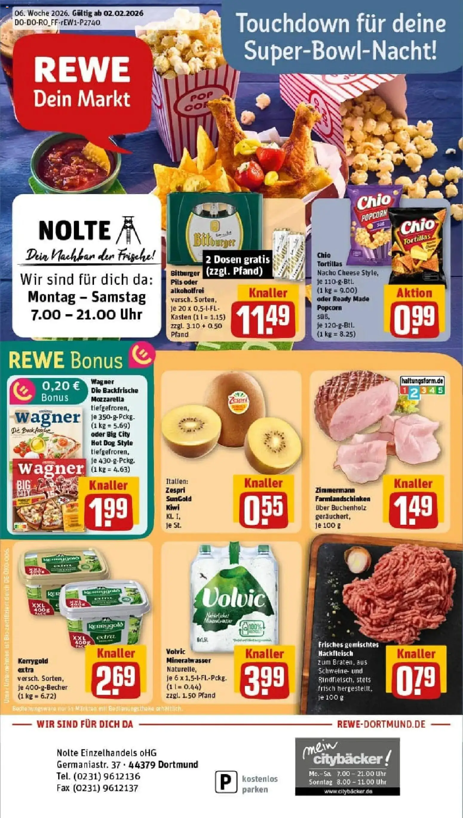 Vorschau von dem Prospekt des Geschäftes Rewe, gültig ab dem 02.02.2026 - Pizza, Chips, Uhr, Tortillas, Hackfleisch, Popcorn, Volvic, Chio tortillas