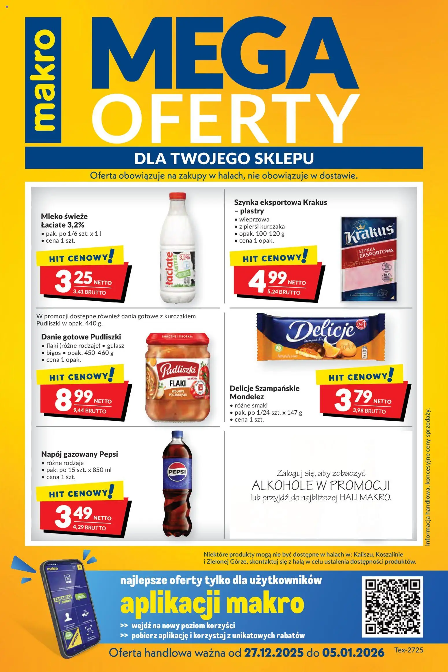 Pogląd gazetki "Mega oferty dla Twojego Sklepu" ze sklepu Makro ważnej od 27.12.2025 - Alkohole, Mleko, Pepsi, Flaki, Piersi, Szynka, Dania gotowe, Mleko świeże