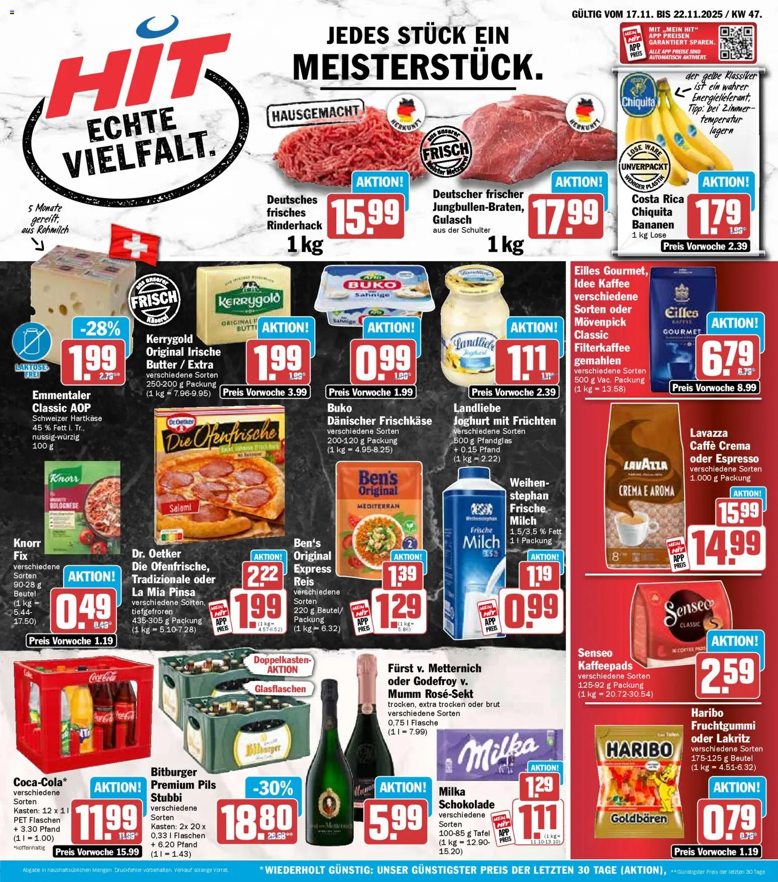 Vorschau von dem Prospekt des Geschäftes HIT, gültig ab dem 17.11.2025 - Kaffee, Gulasch, Milka, Lavazza, Senseo, Knorr, Kaffeepads, Frischkase