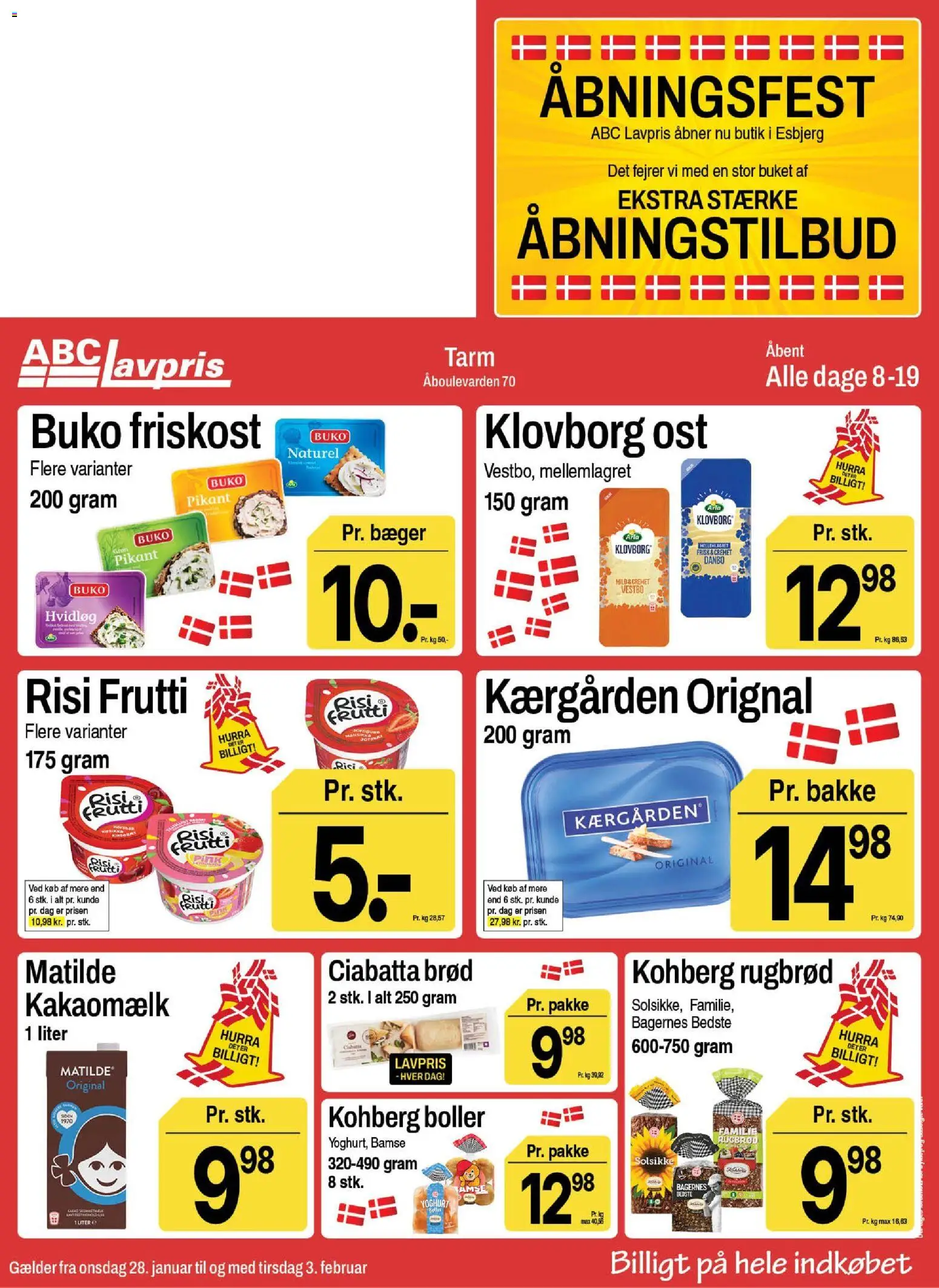 Eksempel på tilbudsavis Tarm fra butik Abc Lavpris gyldig fra 28/01/2026 - Brød, Rugbrød, Ost, Hvidløg, Kakaomælk