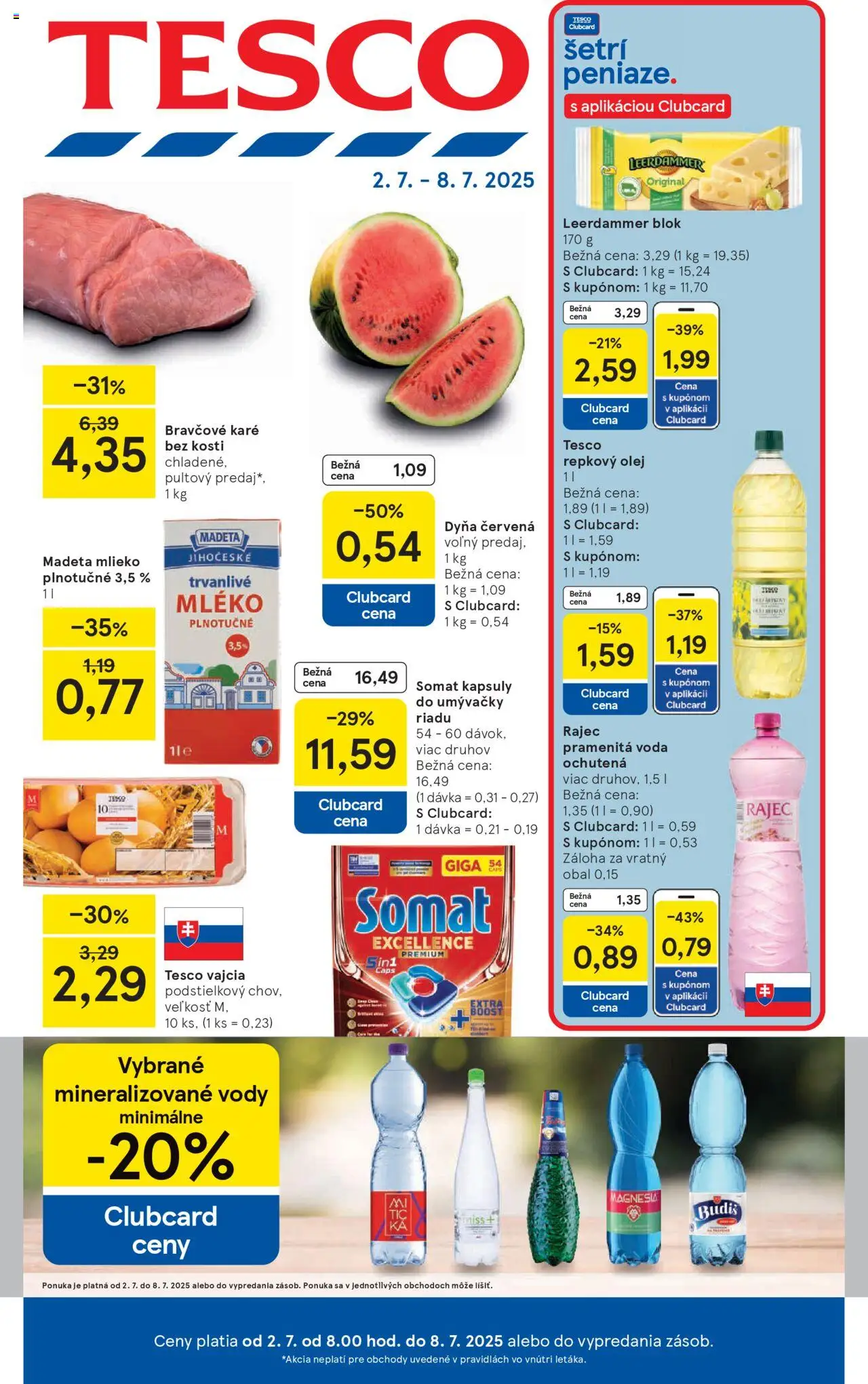 Tesco leták od 02.07.2025 - Hypermarket Online - Rajec, Voda, Bravčové karé, Olej, Mlieko, Repkový olej, Magnesia, Kapsuly do umývačky riadu