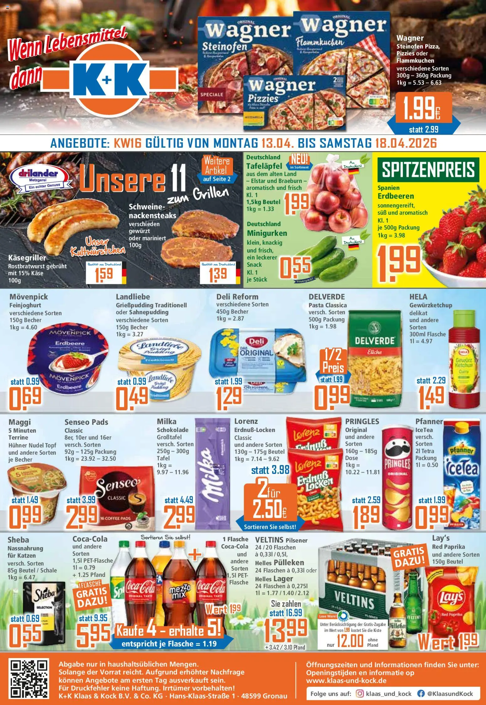 Vorschau von dem Prospekt des Geschäftes Klaas & Kock, gültig ab dem 13.04.2026 - Käse, Pasta, Coca cola, Erdbeeren, Pringles, Veltins, Nackensteaks, Helles pulleken