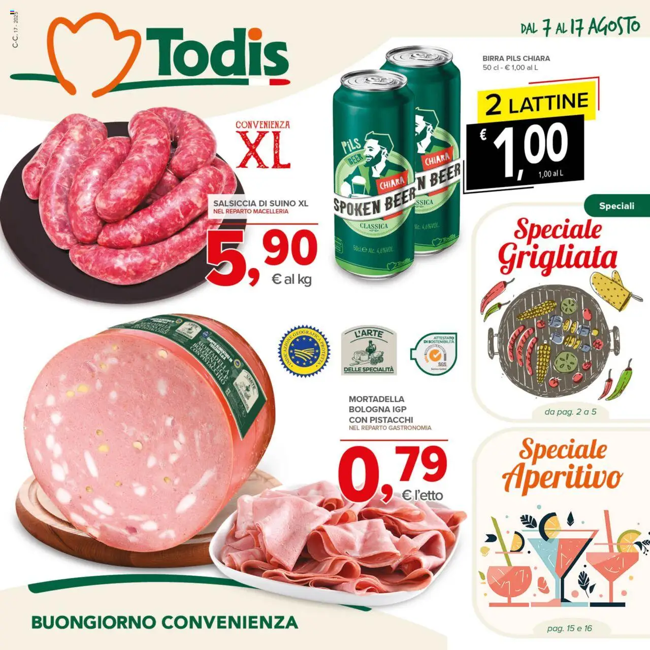 Volantino Todis valido da 07/08/2025 numero di pagina 1 - Aperitivo, Birra, Mortadella, Salsiccia, Pistacchio, Pistacchi, Suino, Specialità