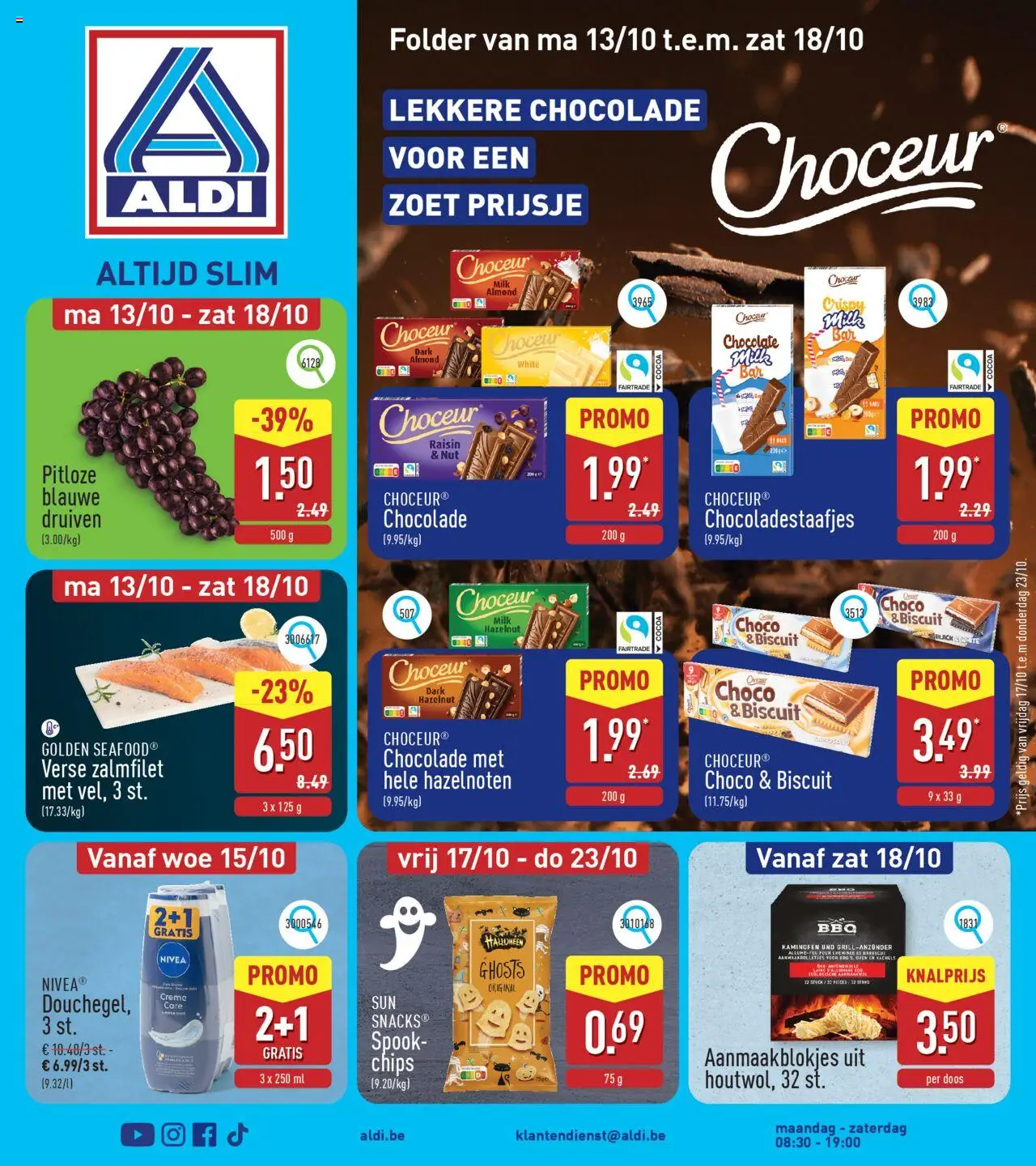 Voorbeeld van Folder week 42 van winkel Aldi geldig vanaf 13/10/2025 - Barbecue, Chips, Crème, Chocolade, Hazelnoten, Druiven, Zalmfilet
