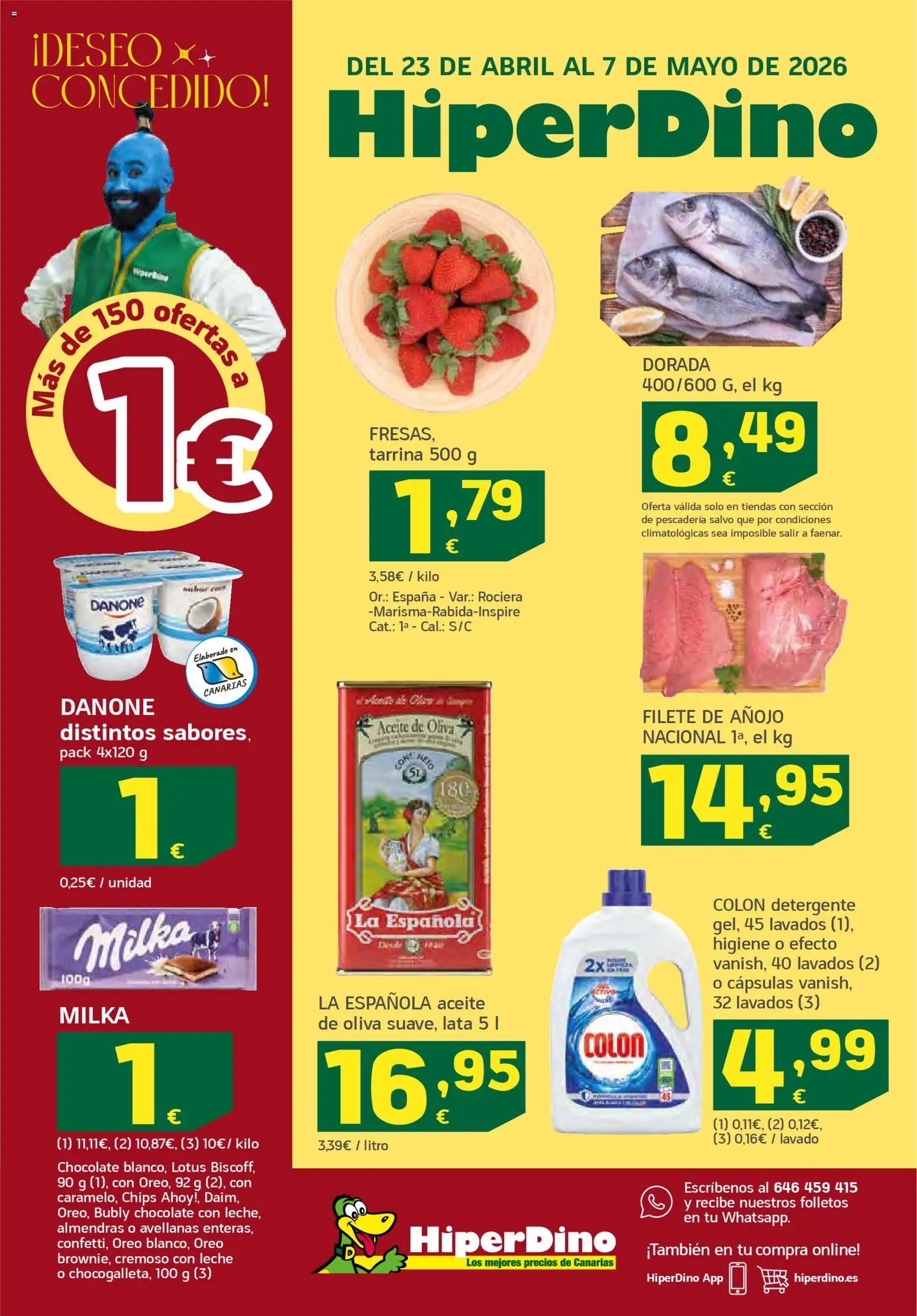 Vista previa del folleto de la tienda HiperDino válido desde el 23/04/2026 - Aceite de oliva, Chocolate, Lotus, Oreo, Avellanas, Almendras, Detergente, Cápsulas