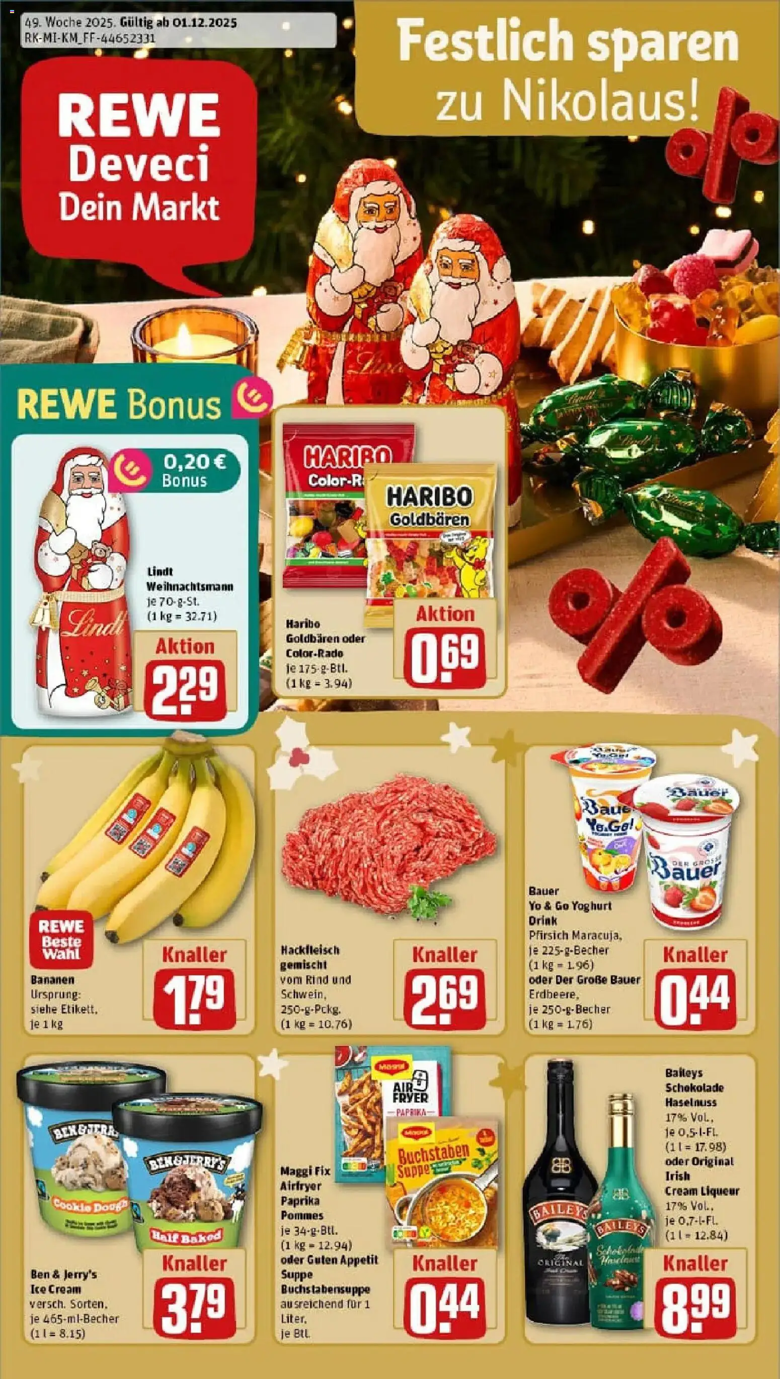 Vorschau von dem Prospekt des Geschäftes Rewe, gültig ab dem 01.12.2025 - Haribo, Maggi, Baileys, Hackfleisch, Paprika, Pfirsich, Ben & Jerry's, Maggi fix