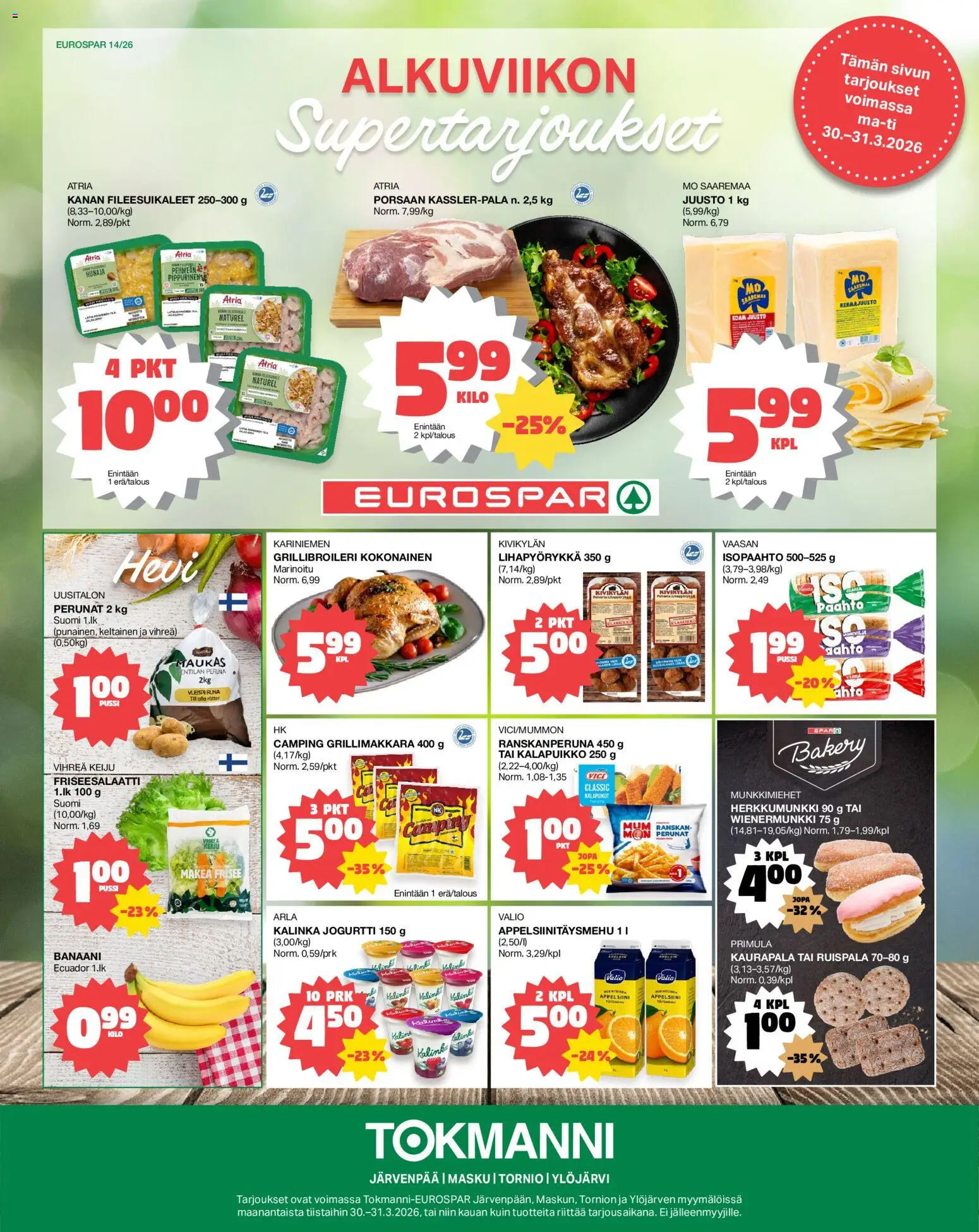 Kaupan Tokmanni Tokmanni - EUROSPAR esikatselu, voimassa 30/03/2026 - Peruna, Juusto, Hunaja, Jogurtti, Kerma, Grillimakkara, Kokonainen
