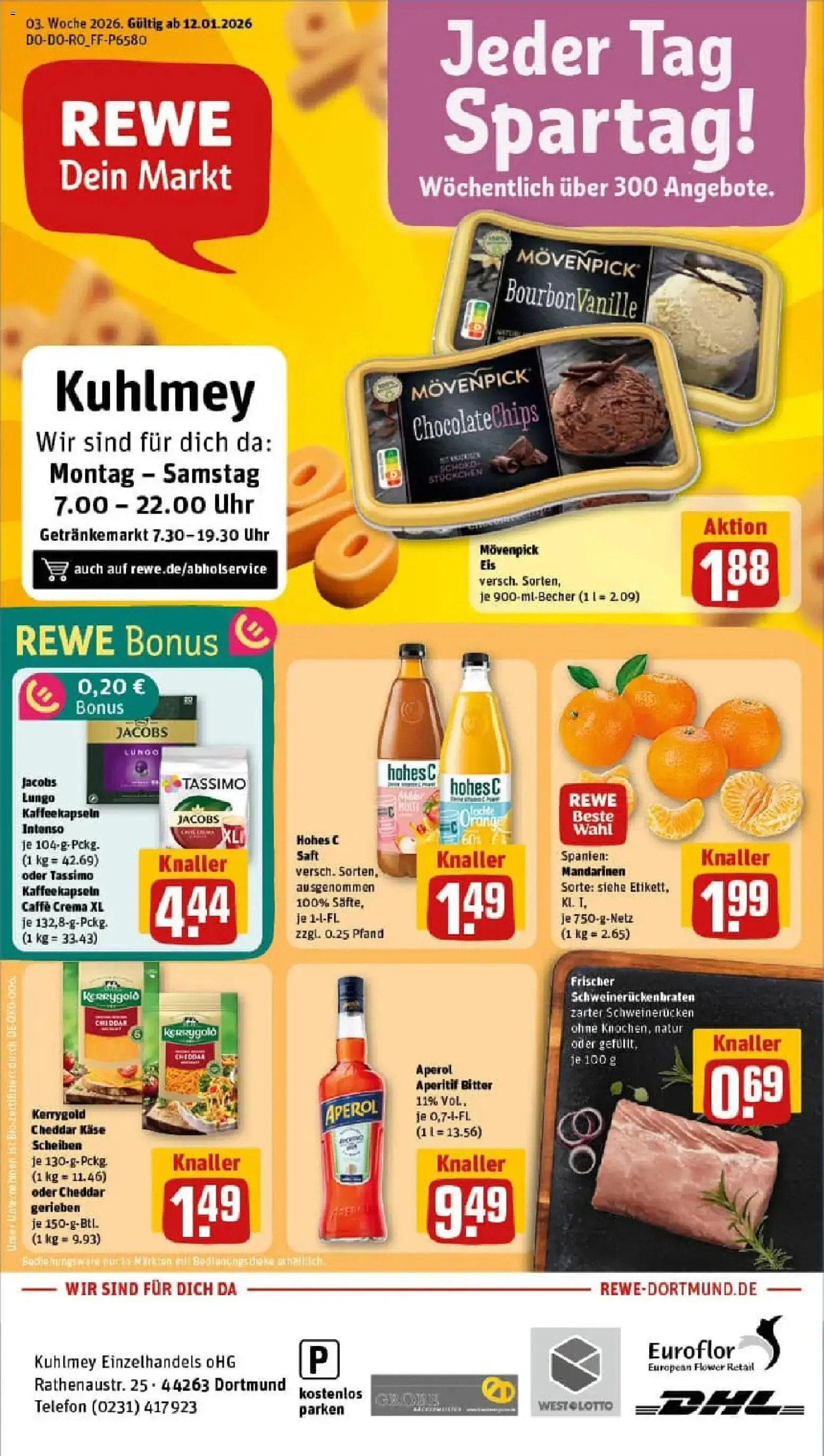 Vorschau von dem Prospekt des Geschäftes Rewe, gültig ab dem 11.01.2026 - Eis, Uhr, Telefon, Käse, Mandarinen, Movenpick eis, Saft, Hohes c