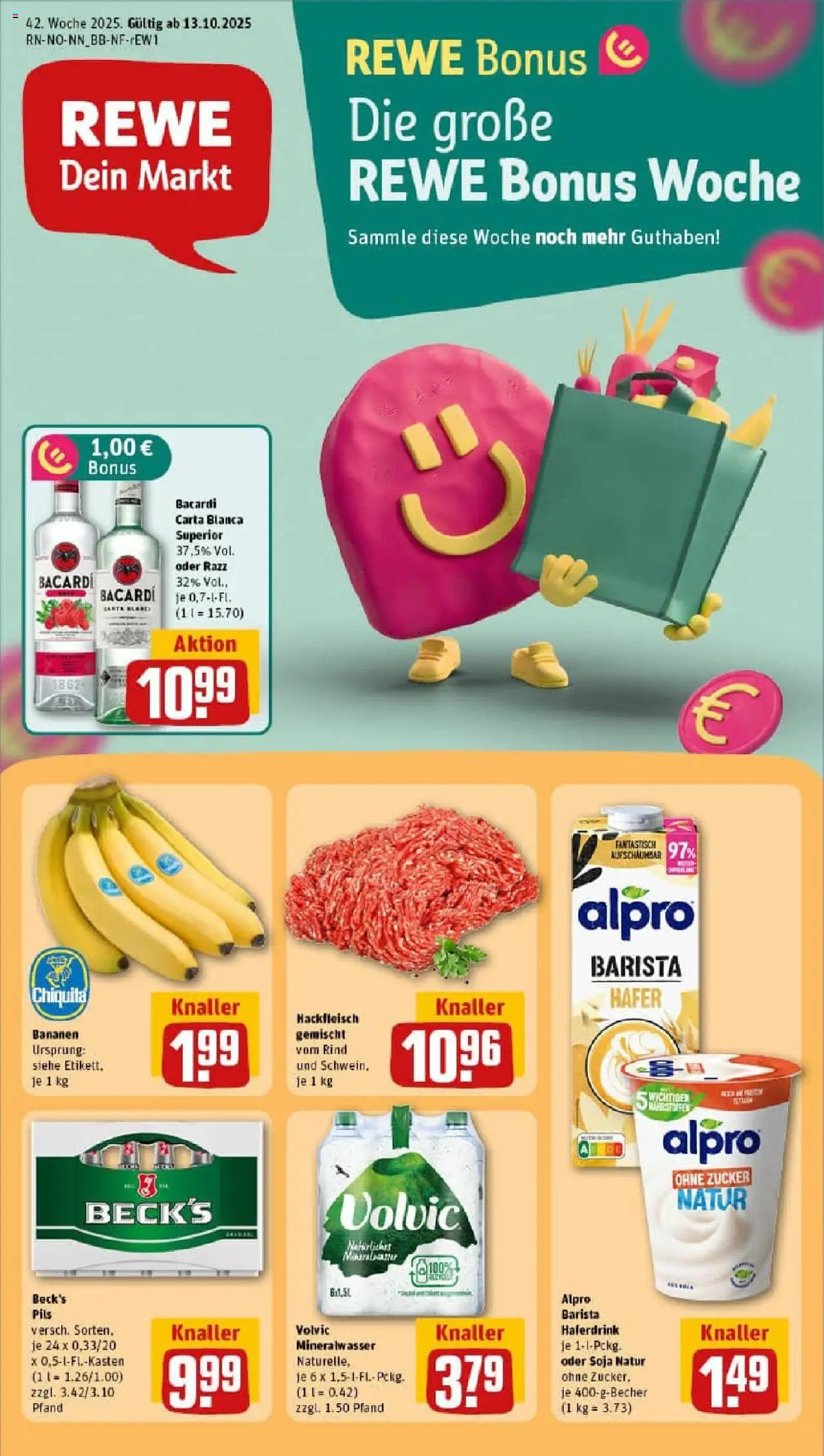 Vorschau von dem Prospekt des Geschäftes Rewe, gültig ab dem 13.10.2025 - Bananen, Hackfleisch, Bacardi, Zucker, Volvic, Alpro, Pils, Haferdrink