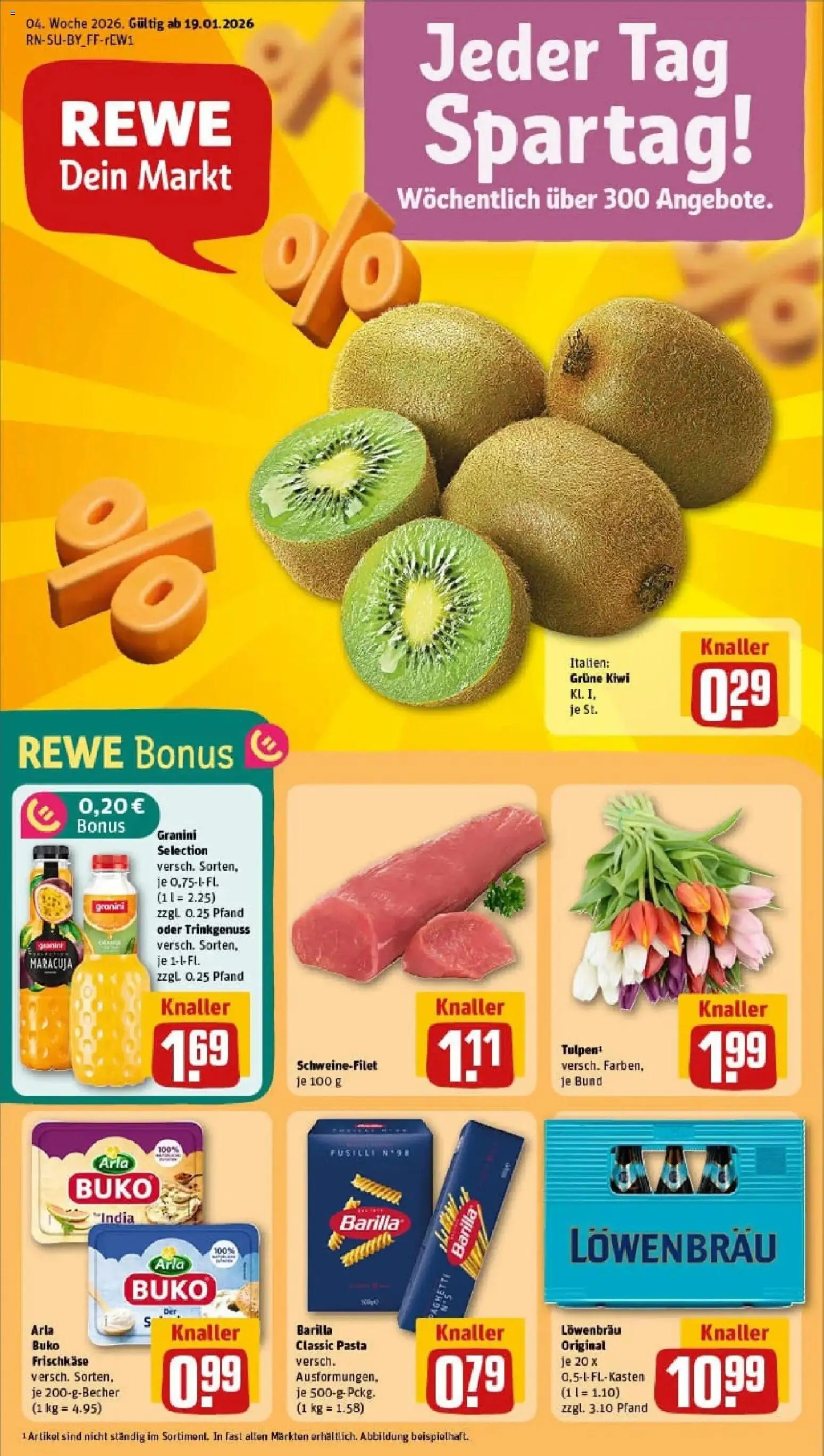 Vorschau von dem Prospekt des Geschäftes Rewe, gültig ab dem 19.01.2026 - Pasta, Kiwi, Schweinefilet, Barilla, Granini, Arla buko, Frischkase