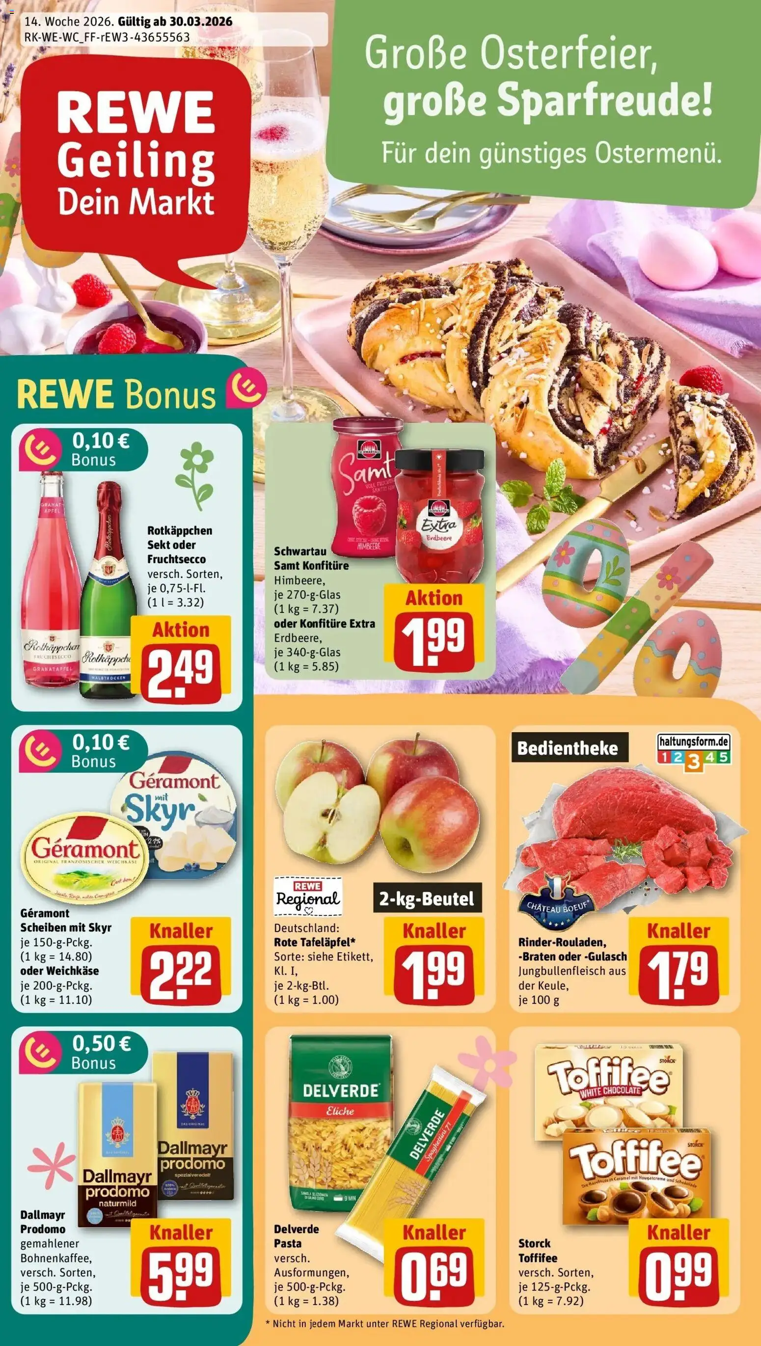 Vorschau von dem Prospekt des Geschäftes Rewe, gültig ab dem 30.03.2026 - Pasta, Gulasch, Granatapfel, Skyr, Toffifee, Sekt, Dallmayr prodomo, Schwartau samt