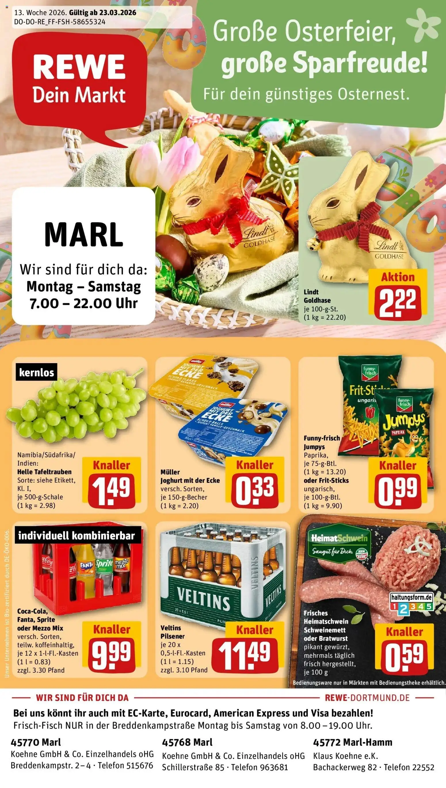 Vorschau von dem Prospekt des Geschäftes Rewe, gültig ab dem 23.03.2026 - Uhr, Bratwurst, Paprika, Fanta, Sprite, Vanille, Pils, Oder mezzo mix