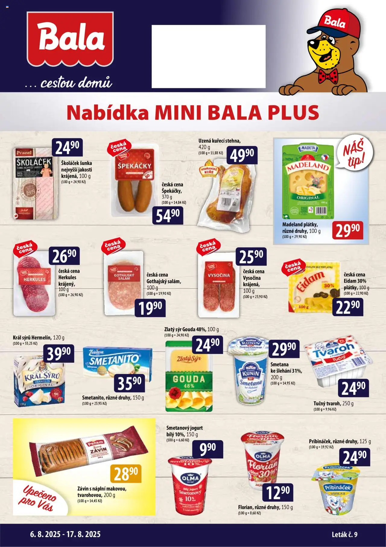  BALA Malý leták (06.08.2025 - 17.08.2025) - Sýr, Smetana, Kuře, Salám, Pribináček, Špekáčky, Smetanový jogurt, Sýr Gouda
