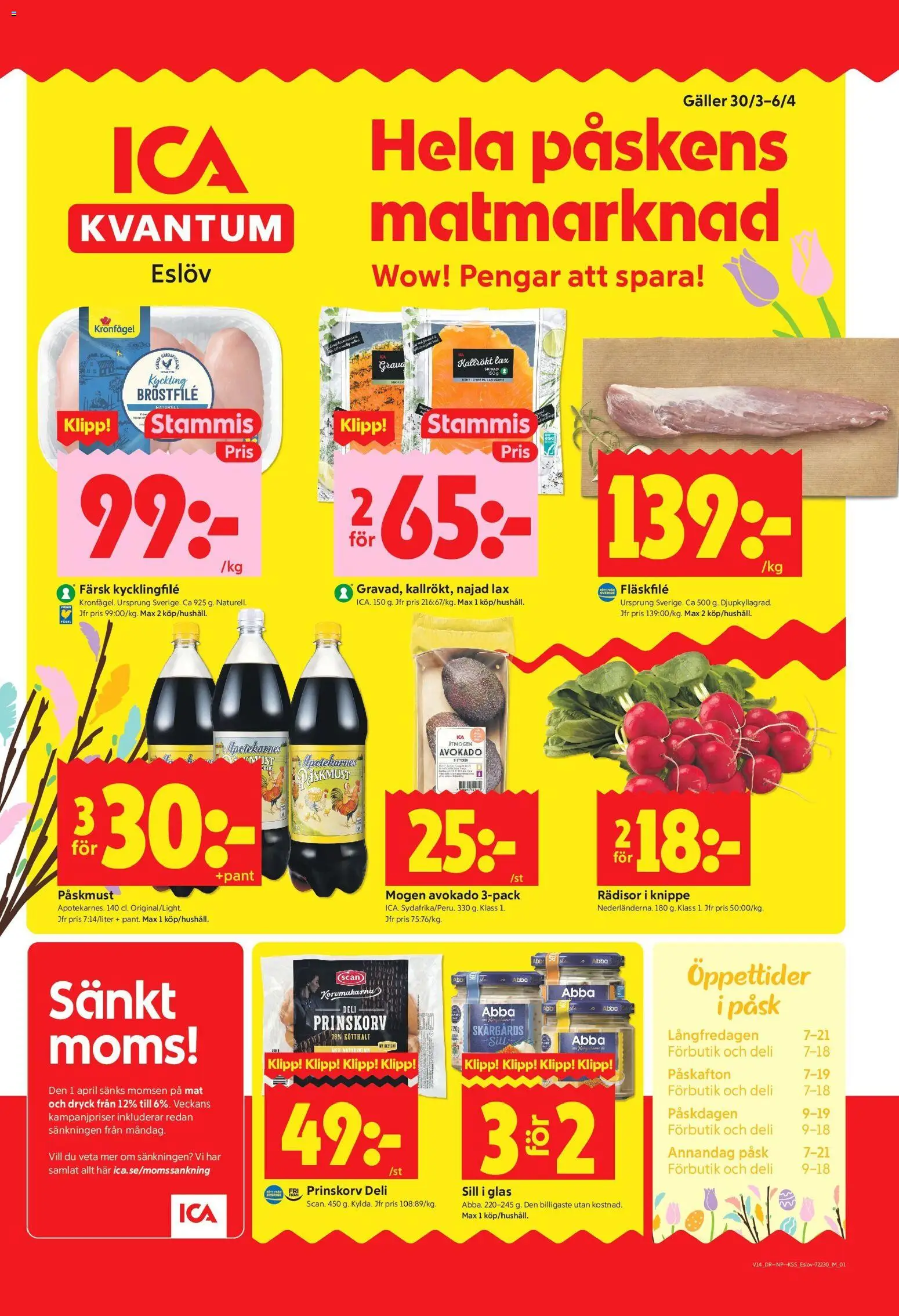 Förhandsgranska reklamblad Eslöv från butik ICA Kvantum gäller från 30/03/2026 - Lax, Sill, Avokado, Galler, Prinskorv, Rädisor, Fläskfilé, Kyckling
