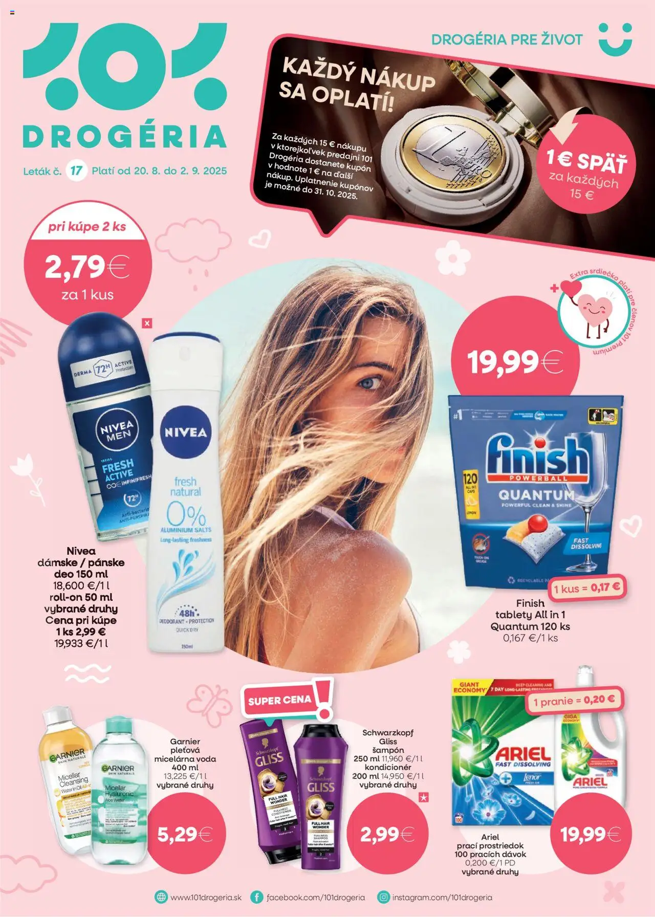 101 drogerie Leták (20.08. - 02.09.2025) - Akčná ponuka - Voda, Ariel, Nivea, Šampón, Lenor, Kondicionér