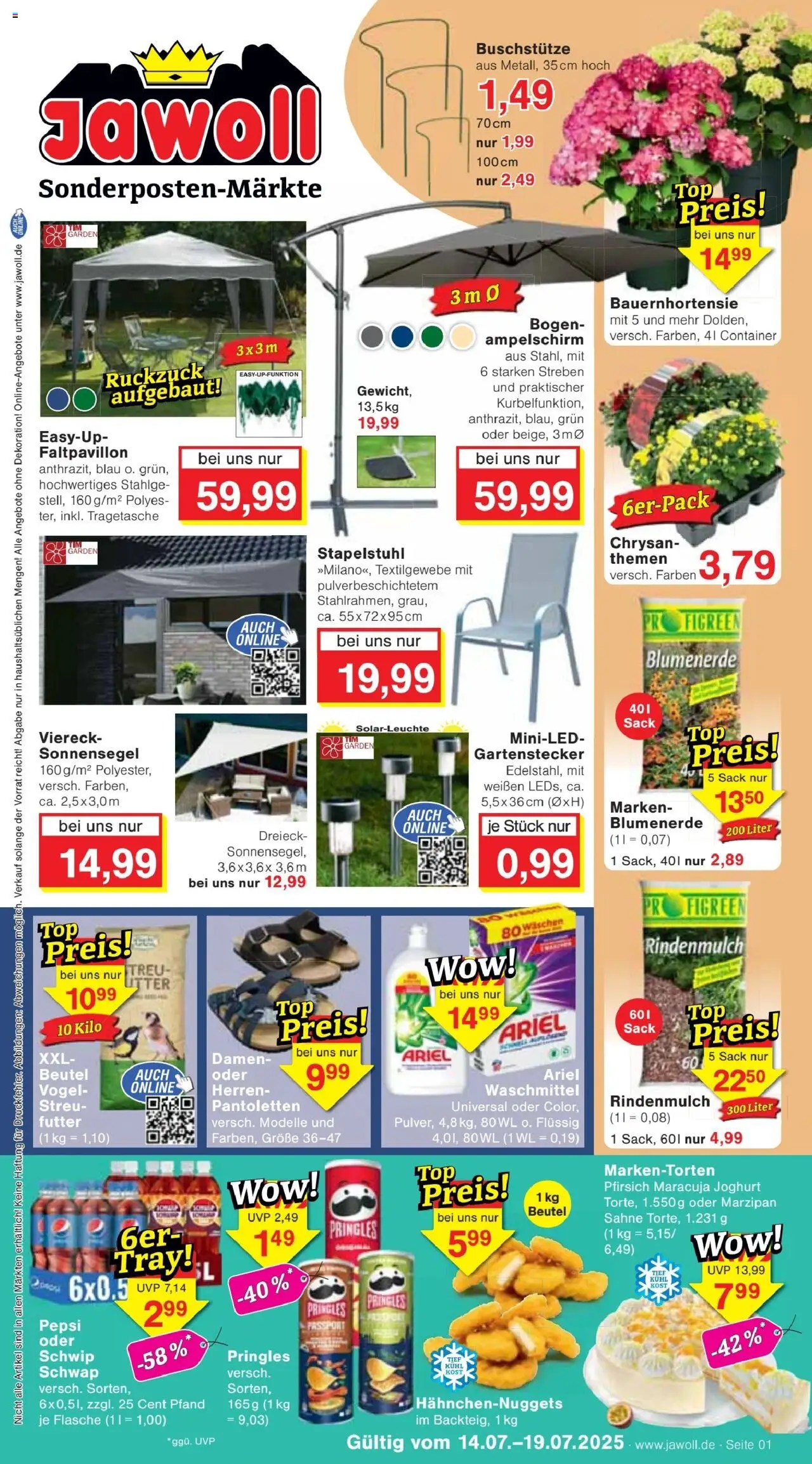 Jawoll Prospekt (vom 14.07.2025 - 19.07.2025) - Joghurt, Rindenmulch, Pfirsich, Pringles, Ariel, Sahne, Pepsi, Solarleuchte
