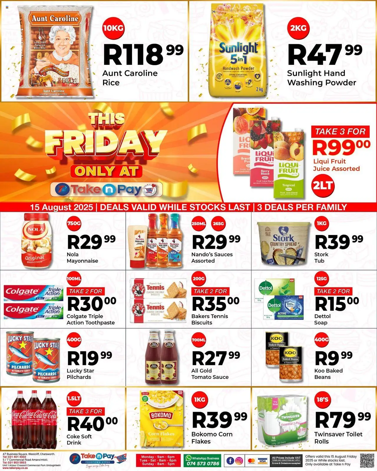 Take n Pay Friday Specials from 15/08 - 15/08/2025 > Promotions - Toilet, Coke, Juice, Rice, Soap, Corn flakes, Baked beans, Spread