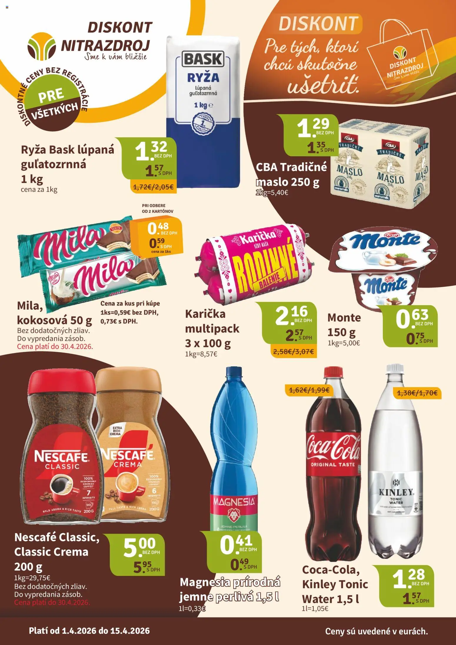 Náhľad Nitrazdroj letáku platného od 01.04.2026 - Maslo, Ryža, Mila, Tonic, Kaša, Magnesia, Maslo 250 g