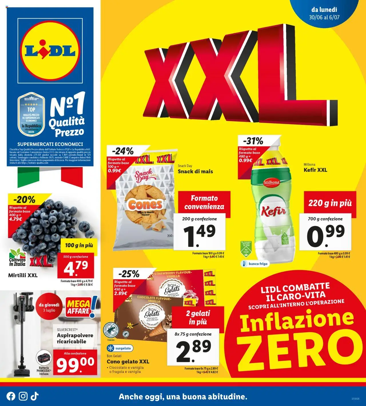 Volantino Lidl valido da 30/06/2025 numero di pagina 1 - Kefir, Cioccolato, Top, Mirtilli, Batteria, Mais, Cacao, Vaniglia